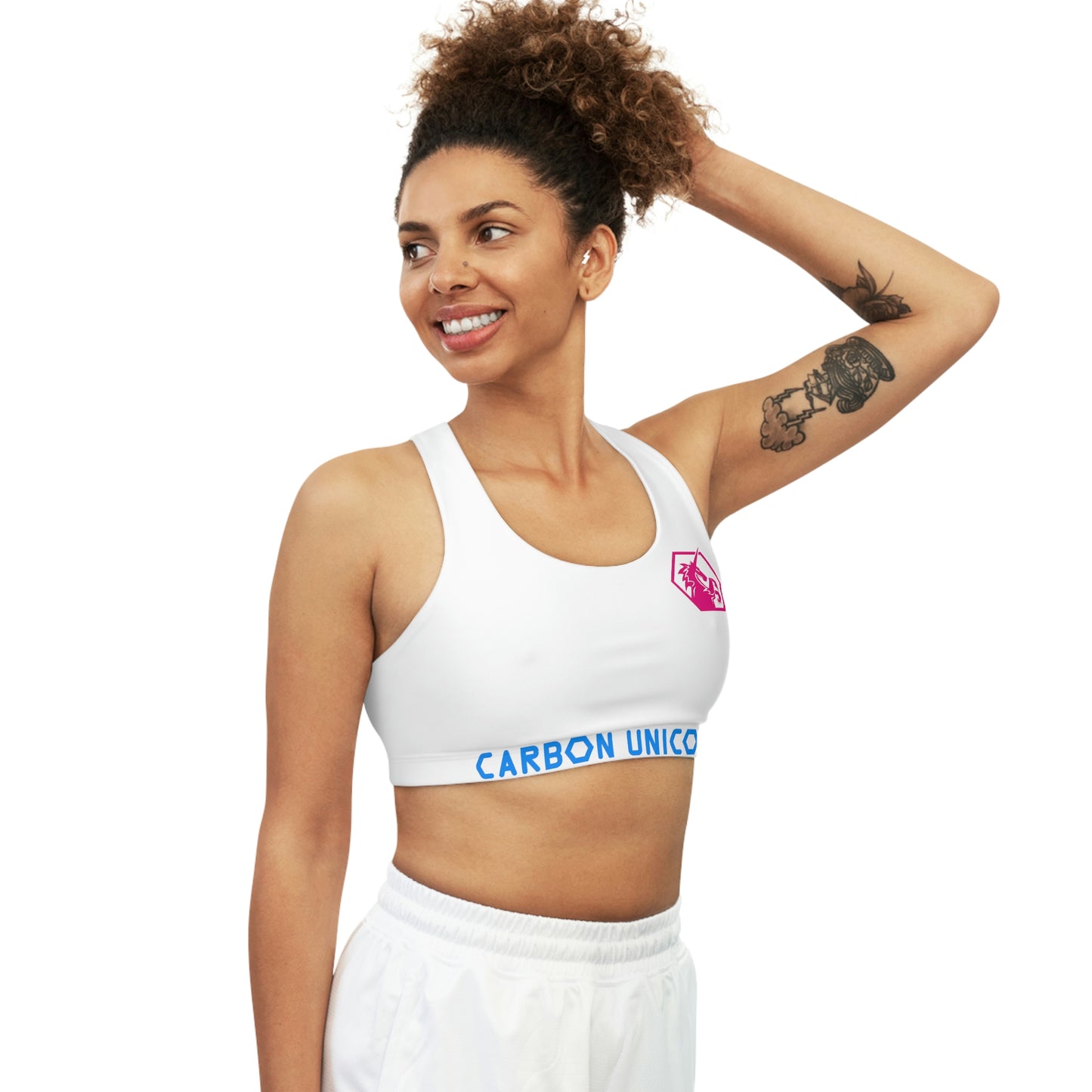 White w/Pink and Blue Seamless Sports Bra