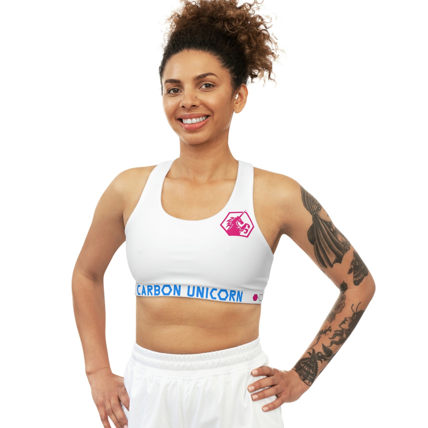 White w/Pink and Blue Seamless Sports Bra